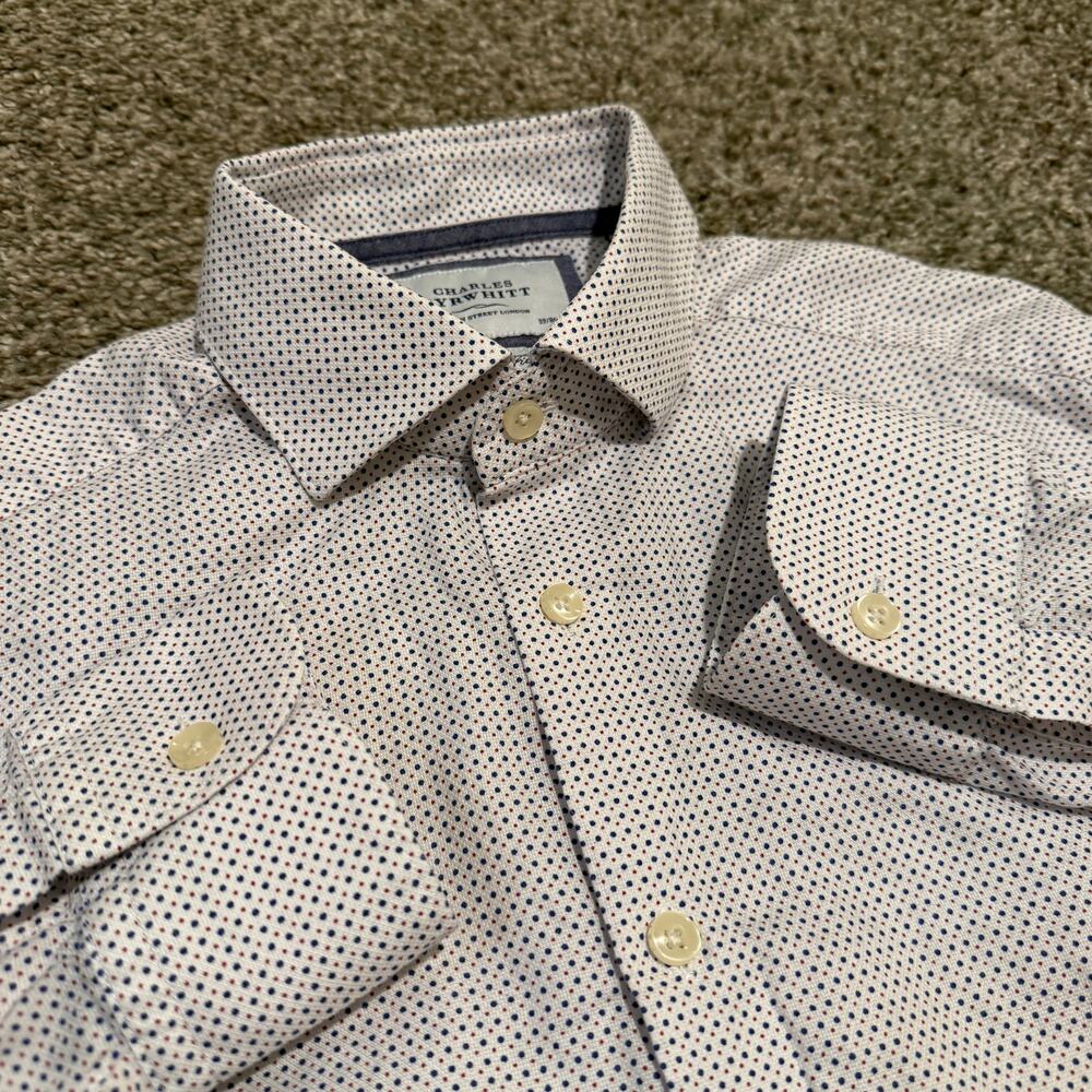 Charles Tyrwhitt Slim Fit Dress Shirt Mens 15.5/34 White Navy Red Dot Cotton